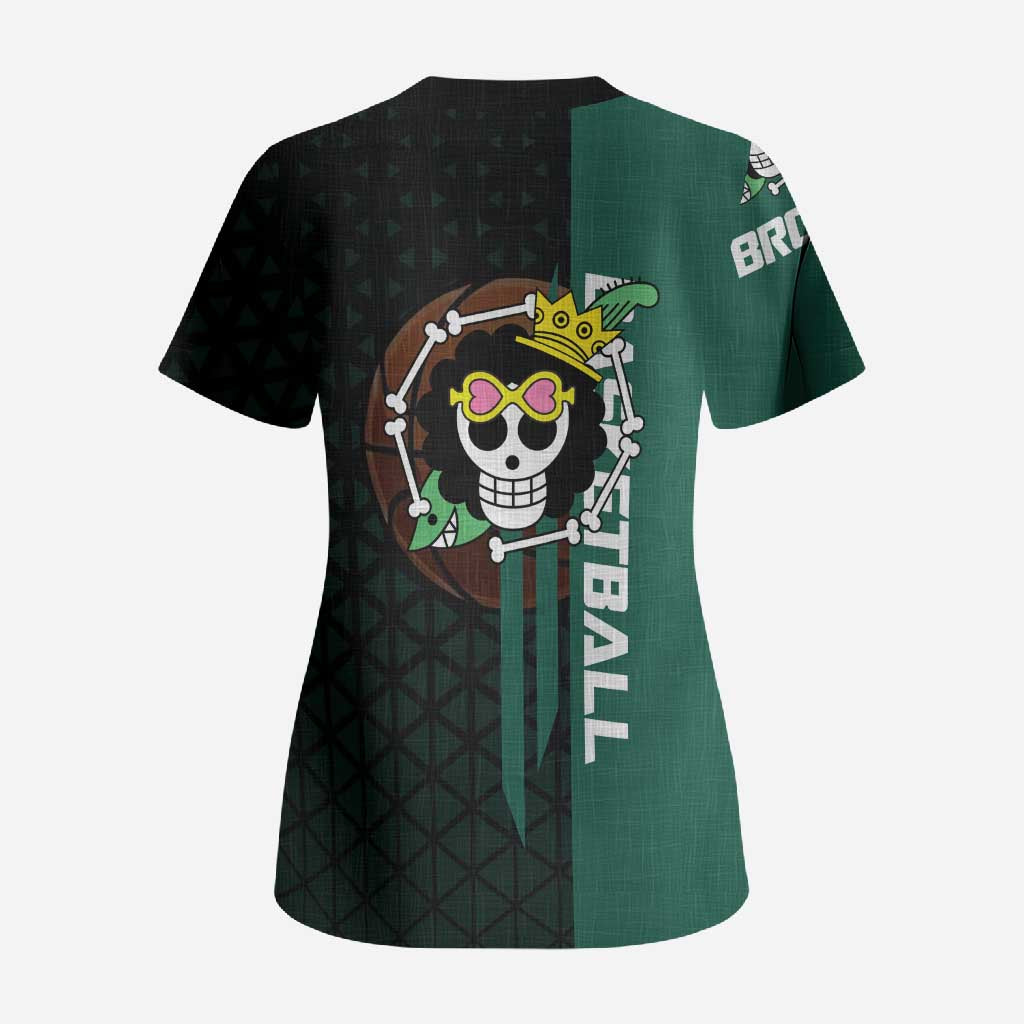 Brook One Piece Basketball Theme Green and Black Design Scrub Top with Skull Emblem and Energetic Pose - The Mazicc