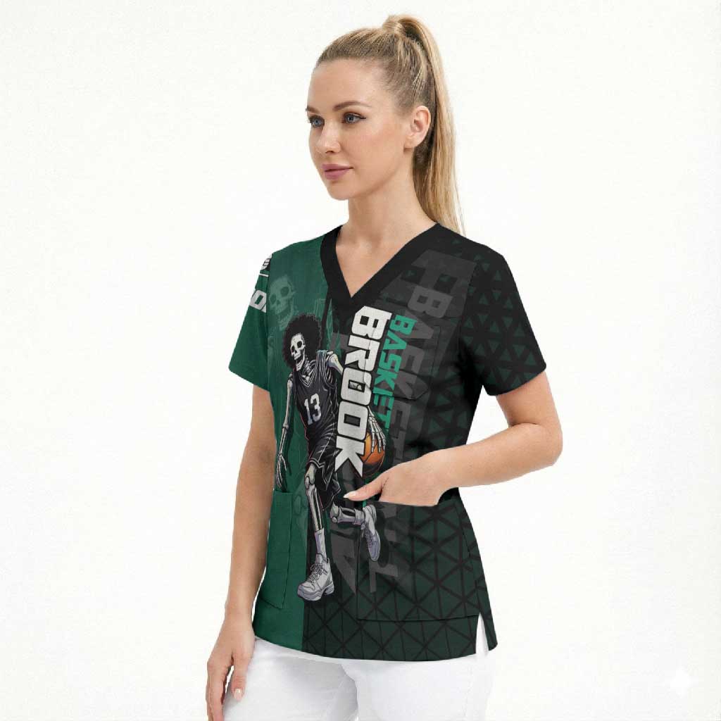 Brook One Piece Basketball Theme Green and Black Design Scrub Top with Skull Emblem and Energetic Pose - The Mazicc