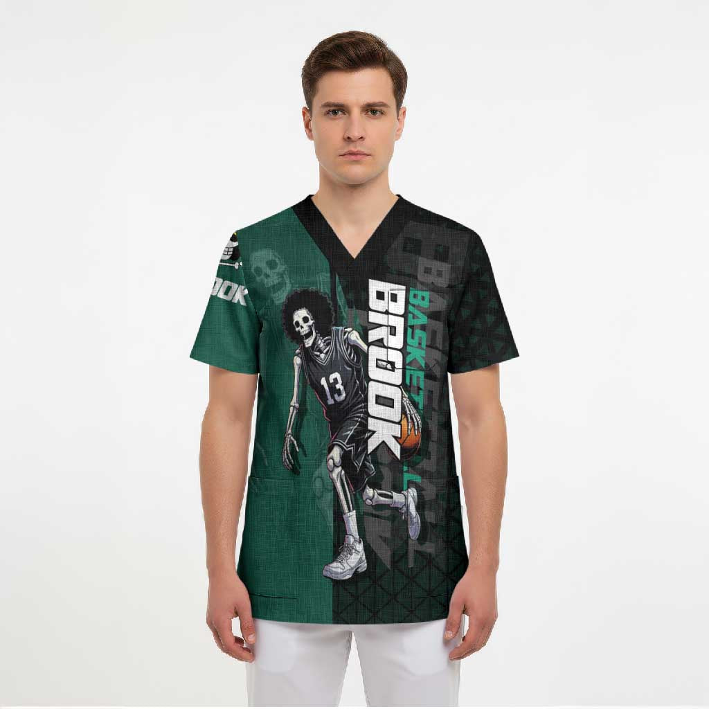 Brook One Piece Basketball Theme Green and Black Design Scrub Top with Skull Emblem and Energetic Pose - The Mazicc