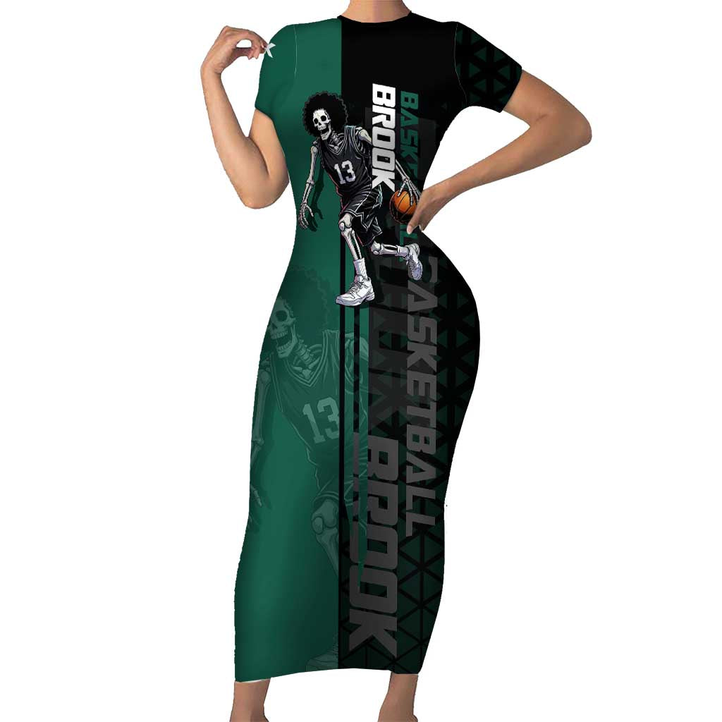 Brook One Piece Basketball Theme Green and Black Design Short Sleeve Bodycon Dress with Skull Emblem and Energetic Pose - The Mazicc