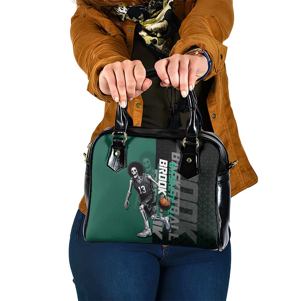 Brook One Piece Basketball Theme Green and Black Design Shoulder Handbag with Skull Emblem and Energetic Pose - The Mazicc