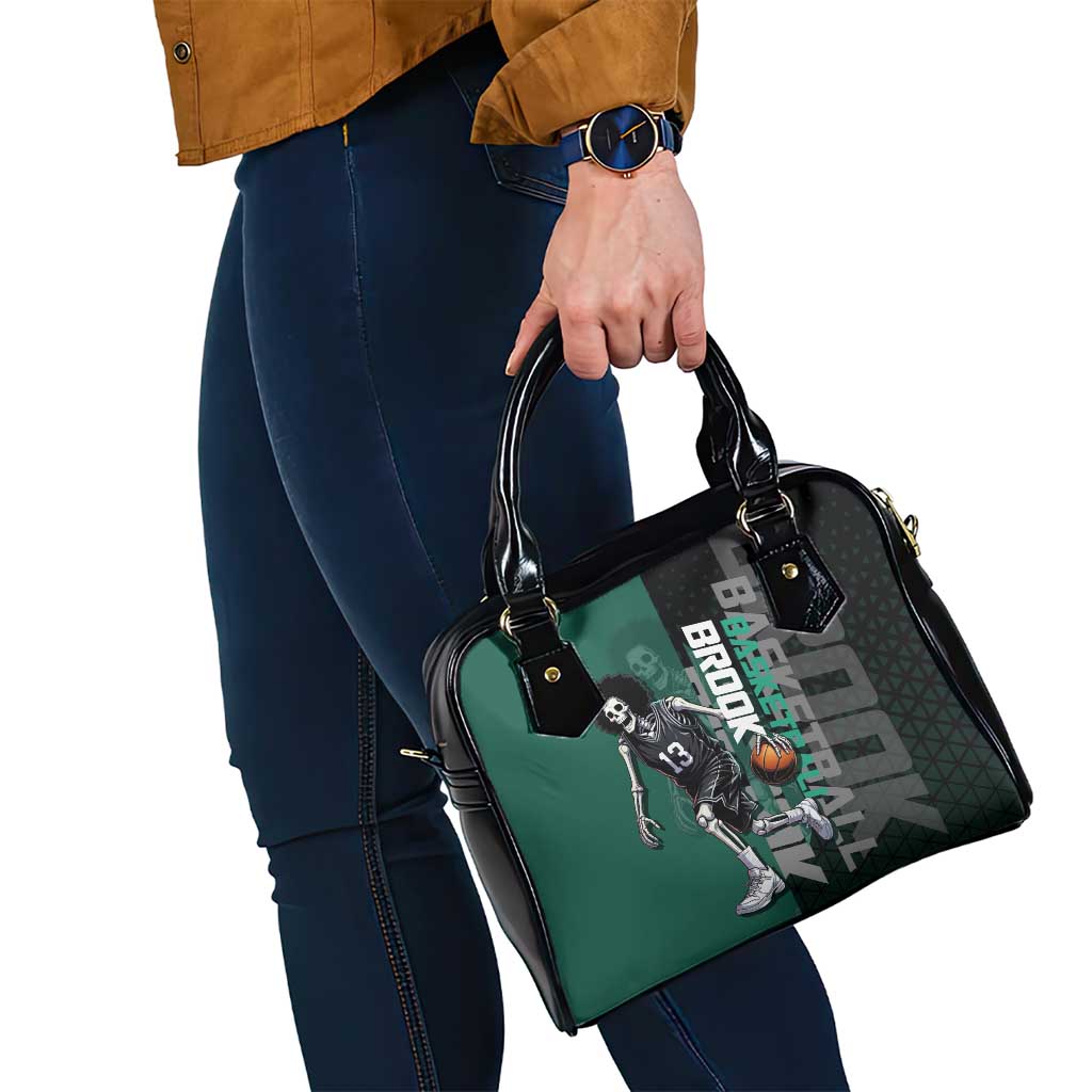 Brook One Piece Basketball Theme Green and Black Design Shoulder Handbag with Skull Emblem and Energetic Pose - The Mazicc