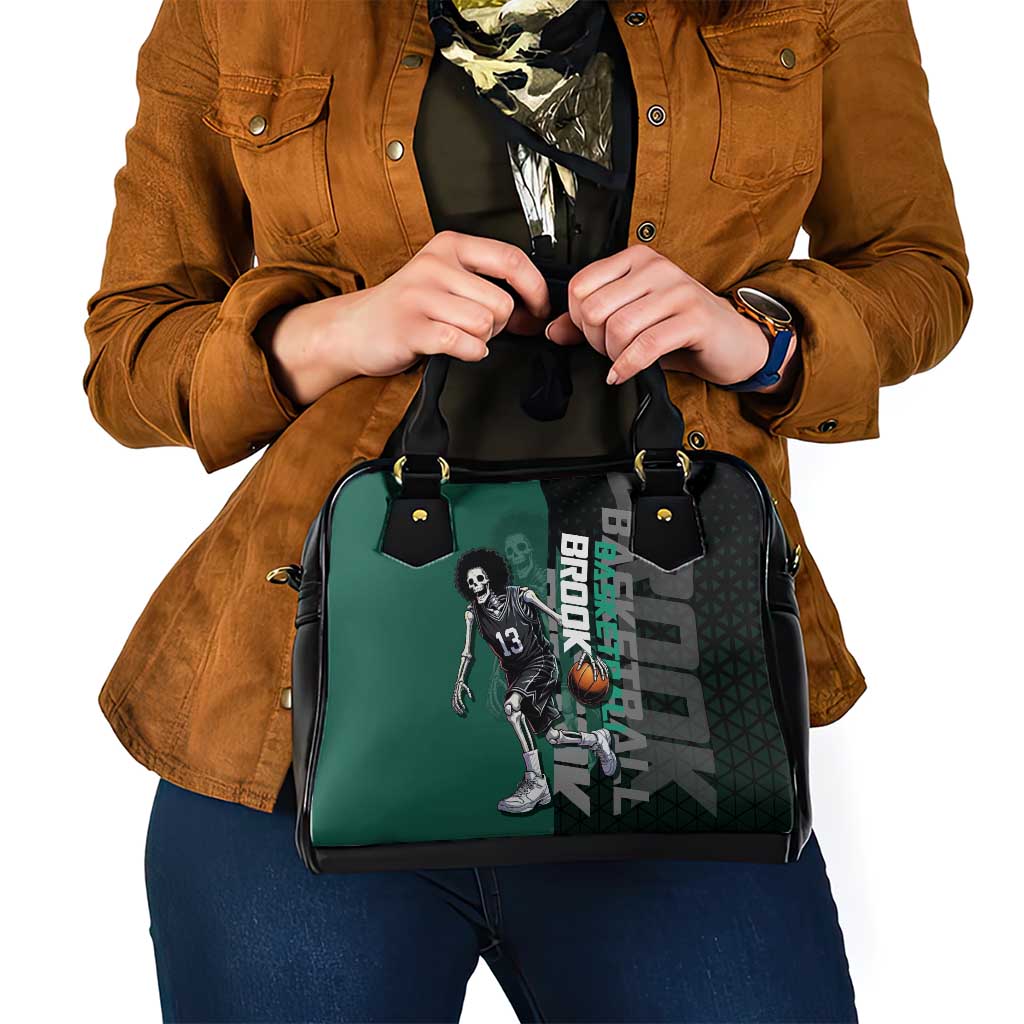 Brook One Piece Basketball Theme Green and Black Design Shoulder Handbag with Skull Emblem and Energetic Pose - The Mazicc