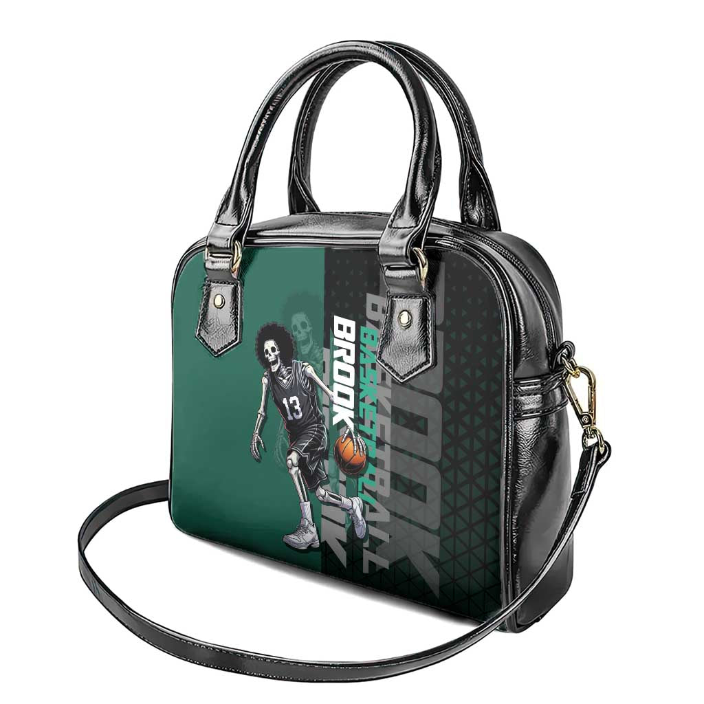 Brook One Piece Basketball Theme Green and Black Design Shoulder Handbag with Skull Emblem and Energetic Pose - The Mazicc
