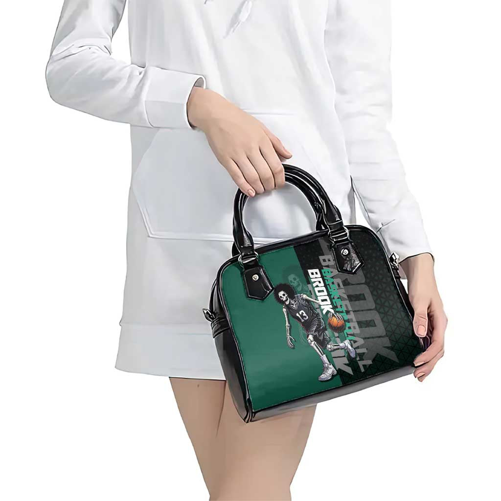 Brook One Piece Basketball Theme Green and Black Design Shoulder Handbag with Skull Emblem and Energetic Pose - The Mazicc