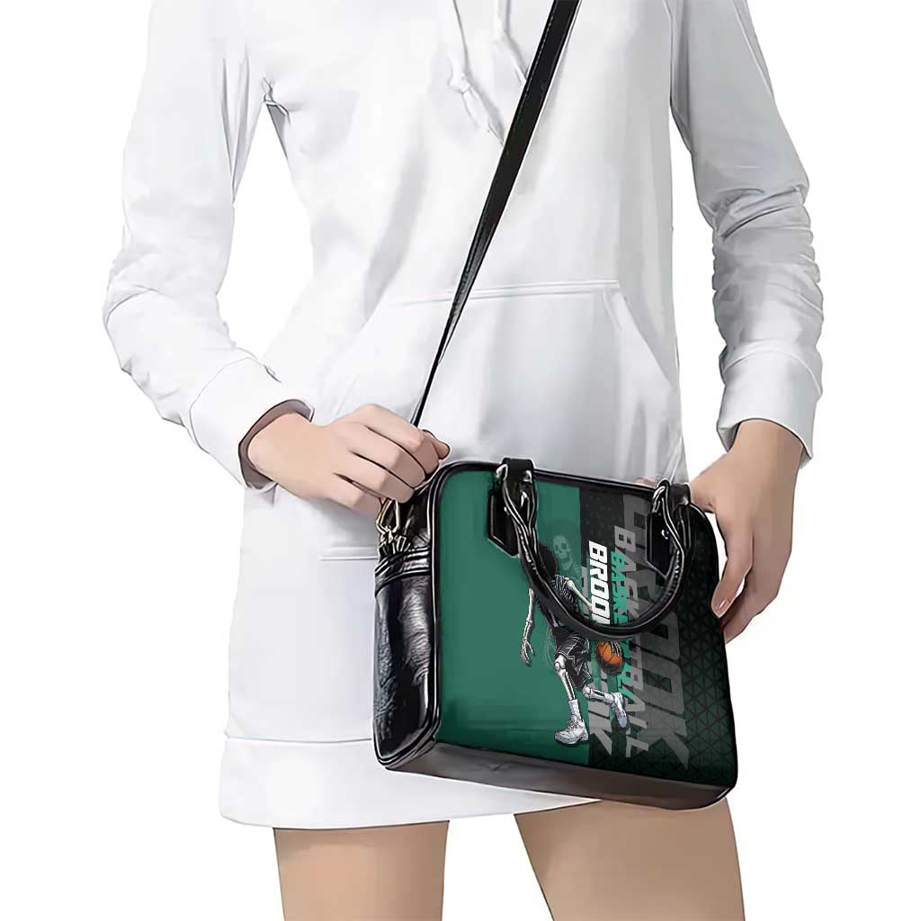 Brook One Piece Basketball Theme Green and Black Design Shoulder Handbag with Skull Emblem and Energetic Pose - The Mazicc