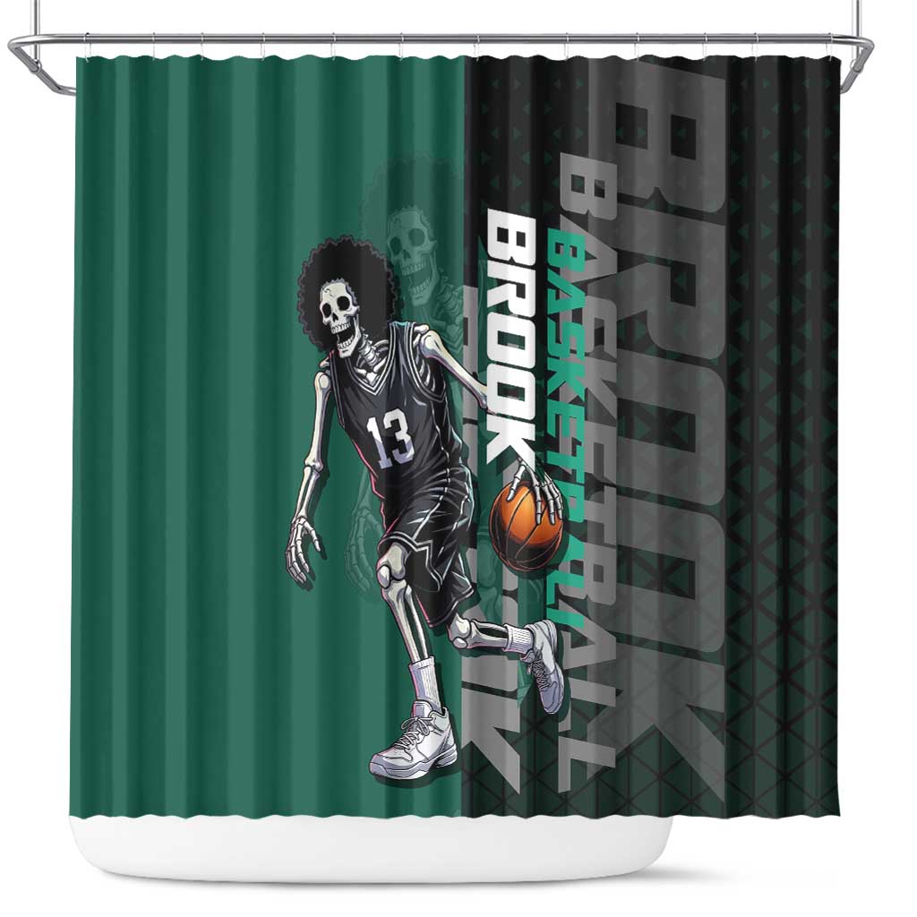 Brook One Piece Basketball Theme Green and Black Design Shower Curtain with Skull Emblem and Energetic Pose - The Mazicc