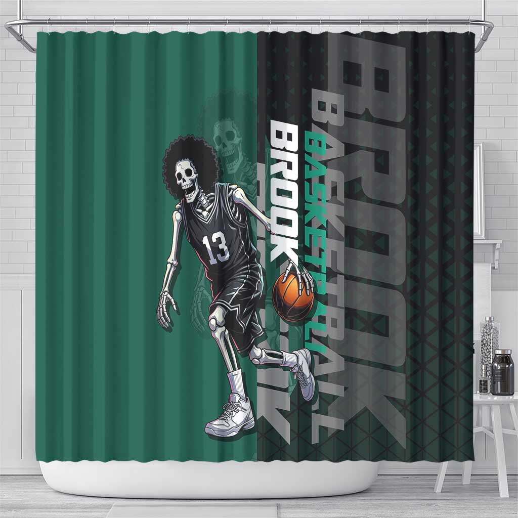 Brook One Piece Basketball Theme Green and Black Design Shower Curtain with Skull Emblem and Energetic Pose - The Mazicc