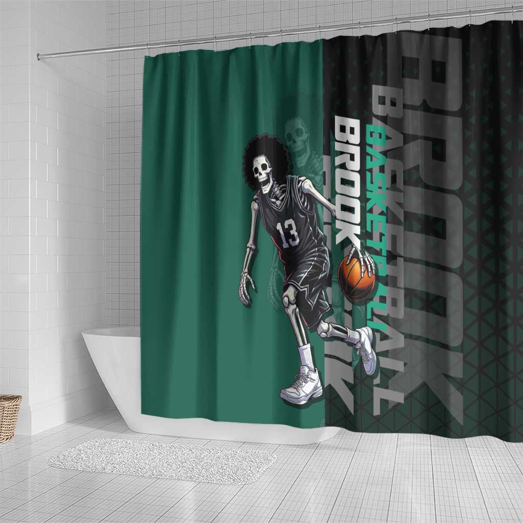 Brook One Piece Basketball Theme Green and Black Design Shower Curtain with Skull Emblem and Energetic Pose - The Mazicc