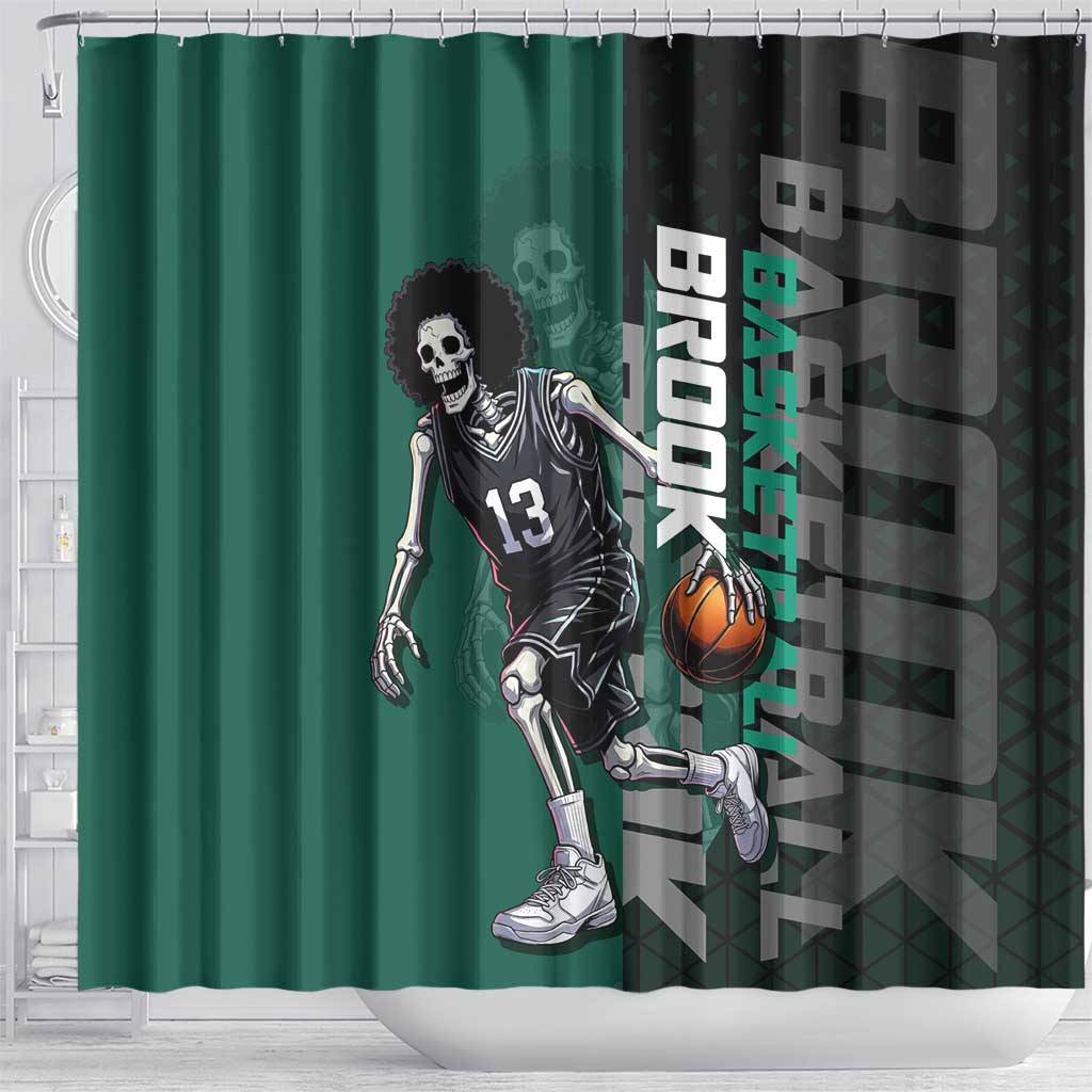 Brook One Piece Basketball Theme Green and Black Design Shower Curtain with Skull Emblem and Energetic Pose - The Mazicc