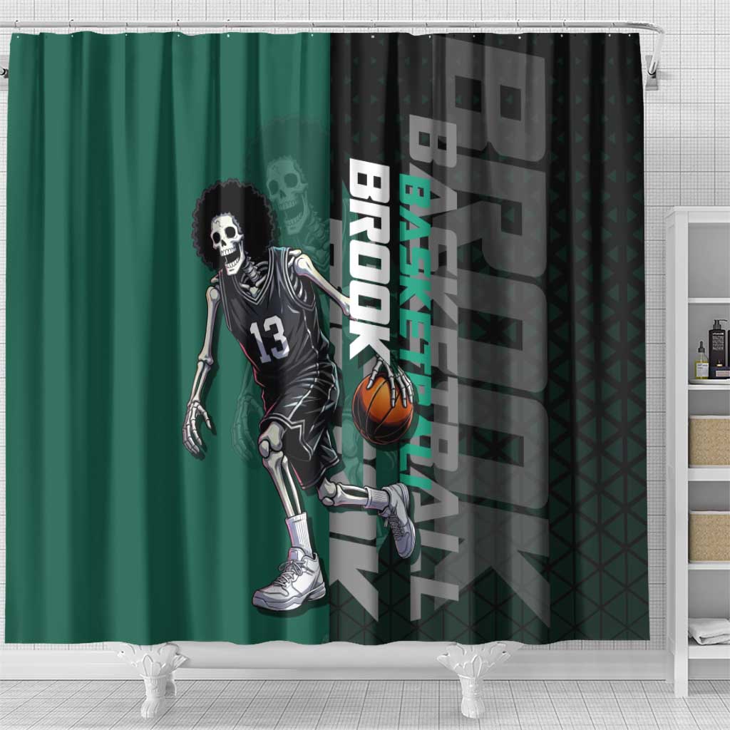 Brook One Piece Basketball Theme Green and Black Design Shower Curtain with Skull Emblem and Energetic Pose - The Mazicc