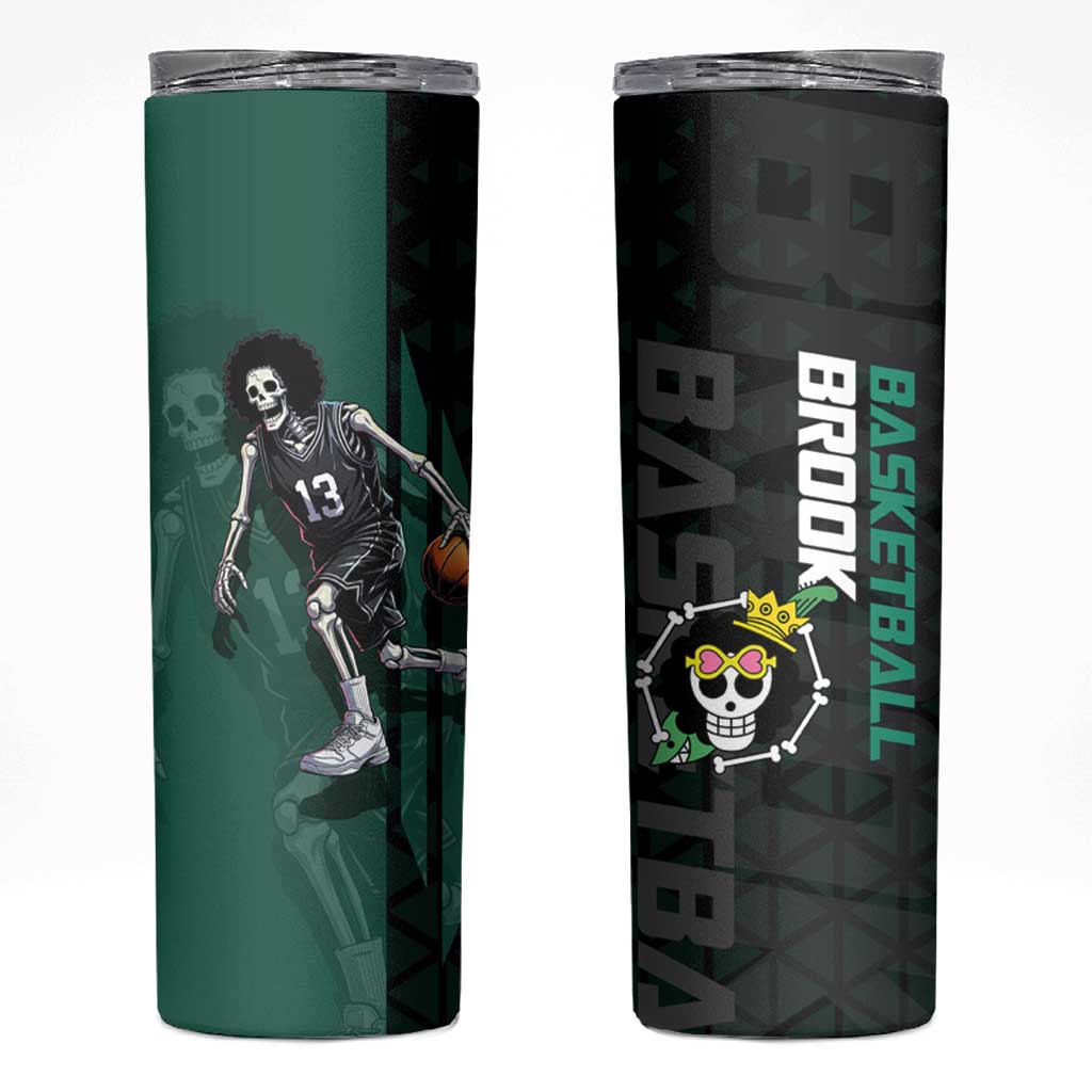Brook One Piece Basketball Theme Green and Black Design Skinny Tumbler with Skull Emblem and Energetic Pose - The Mazicc