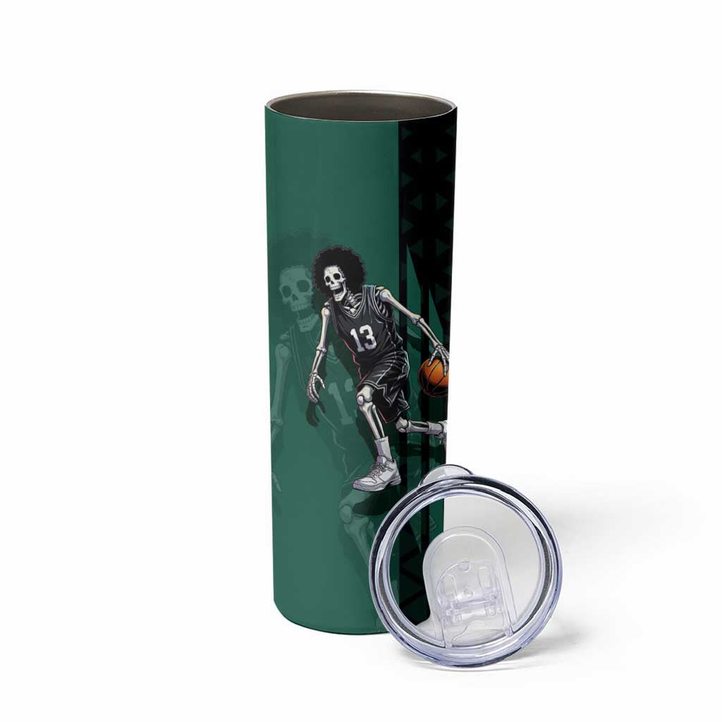 Brook One Piece Basketball Theme Green and Black Design Skinny Tumbler with Skull Emblem and Energetic Pose - The Mazicc