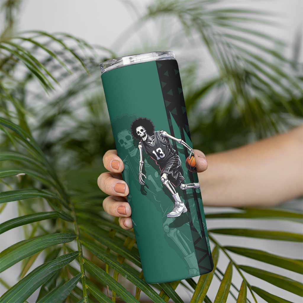 Brook One Piece Basketball Theme Green and Black Design Skinny Tumbler with Skull Emblem and Energetic Pose - The Mazicc