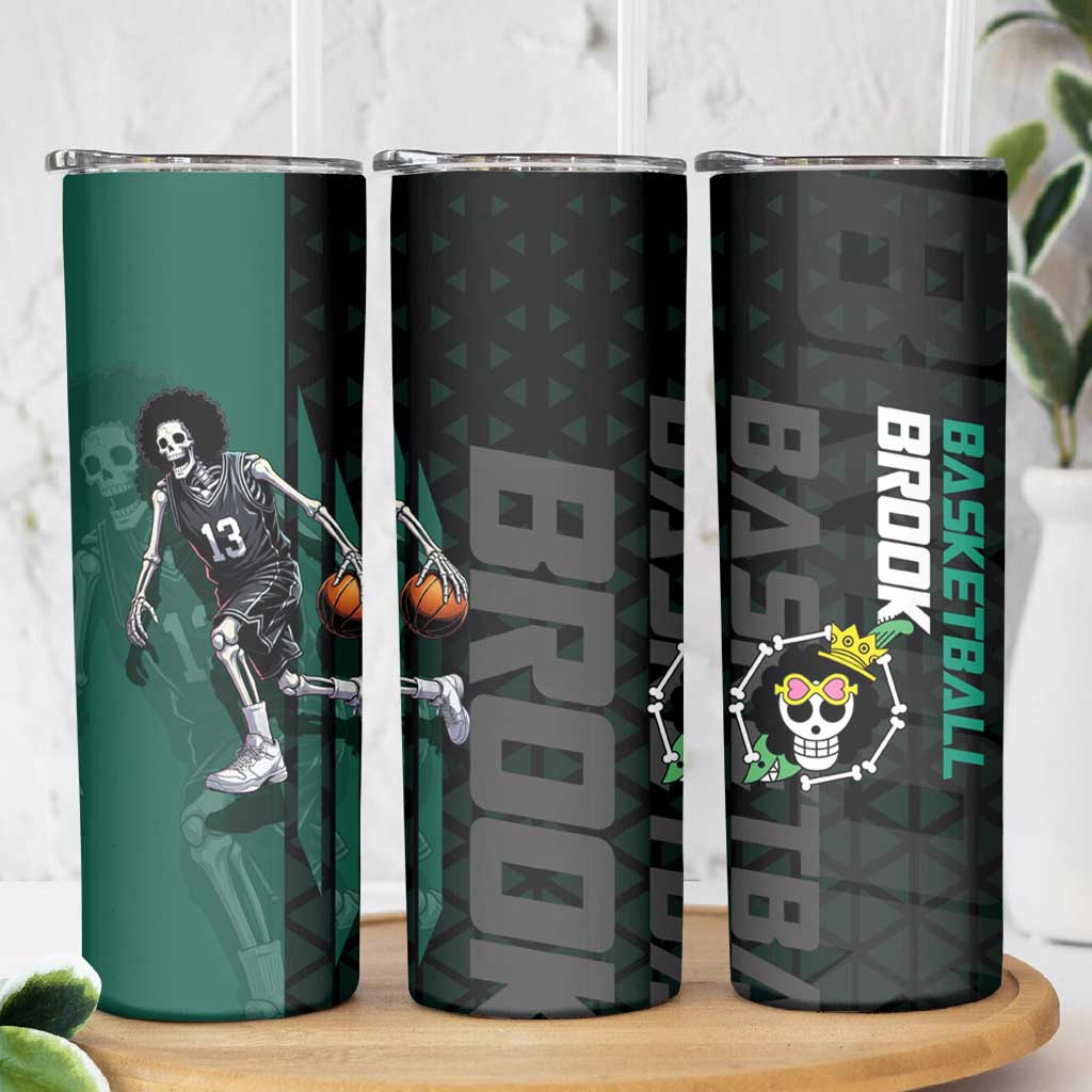 Brook One Piece Basketball Theme Green and Black Design Skinny Tumbler with Skull Emblem and Energetic Pose - The Mazicc