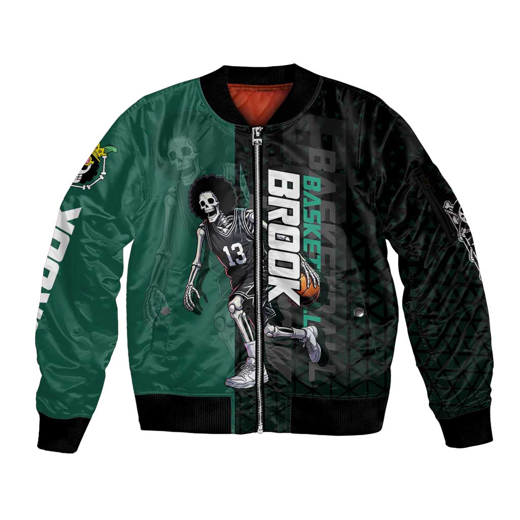Brook One Piece Basketball Theme Green and Black Design Sleeve Zip Bomber Jacket with Skull Emblem and Energetic Pose - The Mazicc