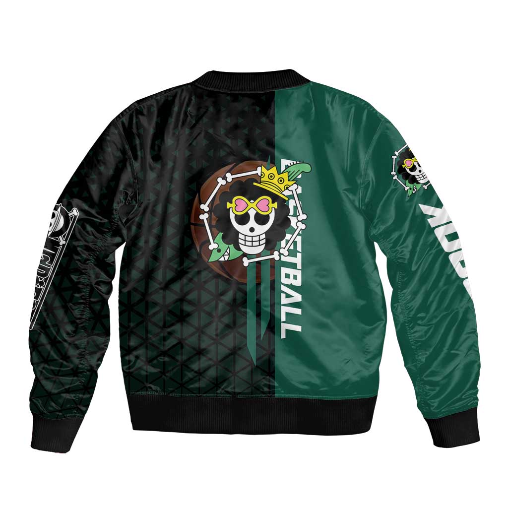 Brook One Piece Basketball Theme Green and Black Design Sleeve Zip Bomber Jacket with Skull Emblem and Energetic Pose - The Mazicc