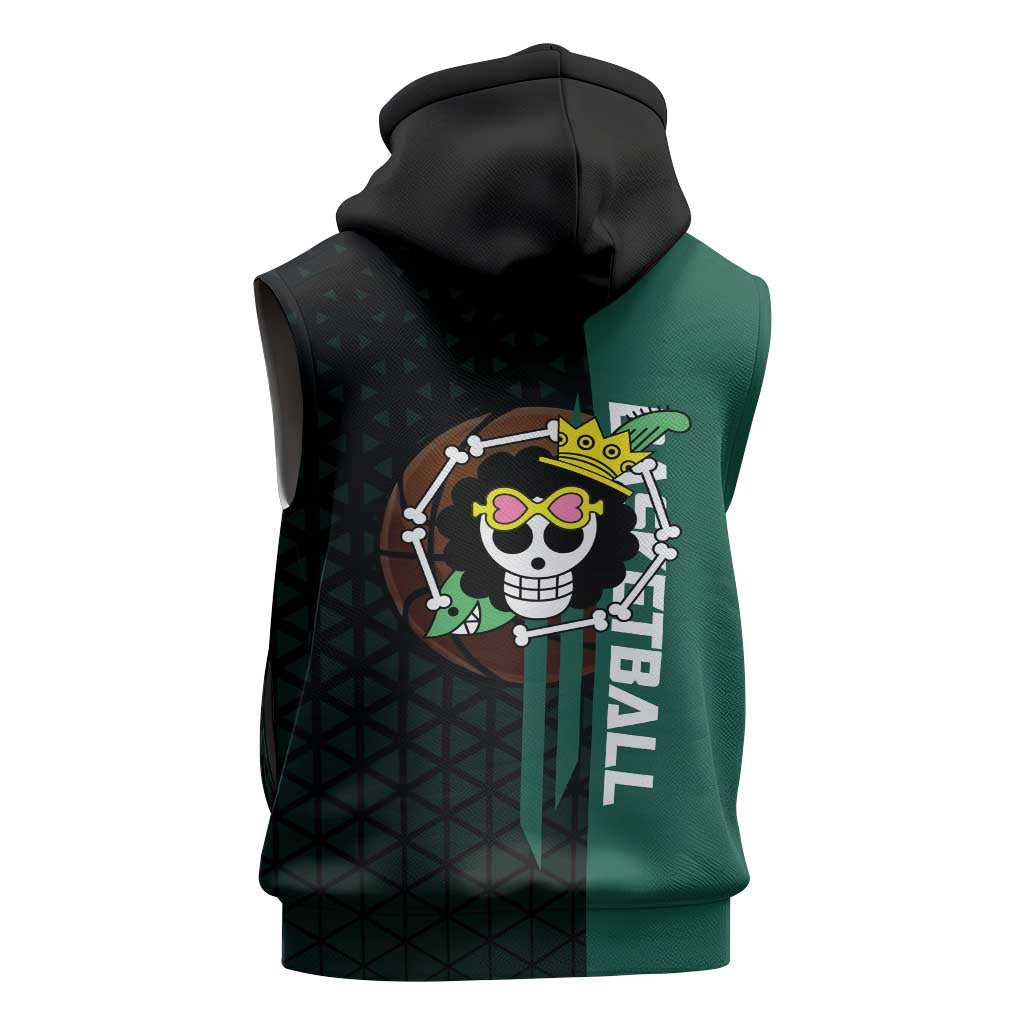 Brook One Piece Basketball Theme Green and Black Design Sleeveless Hoodie with Skull Emblem and Energetic Pose - The Mazicc