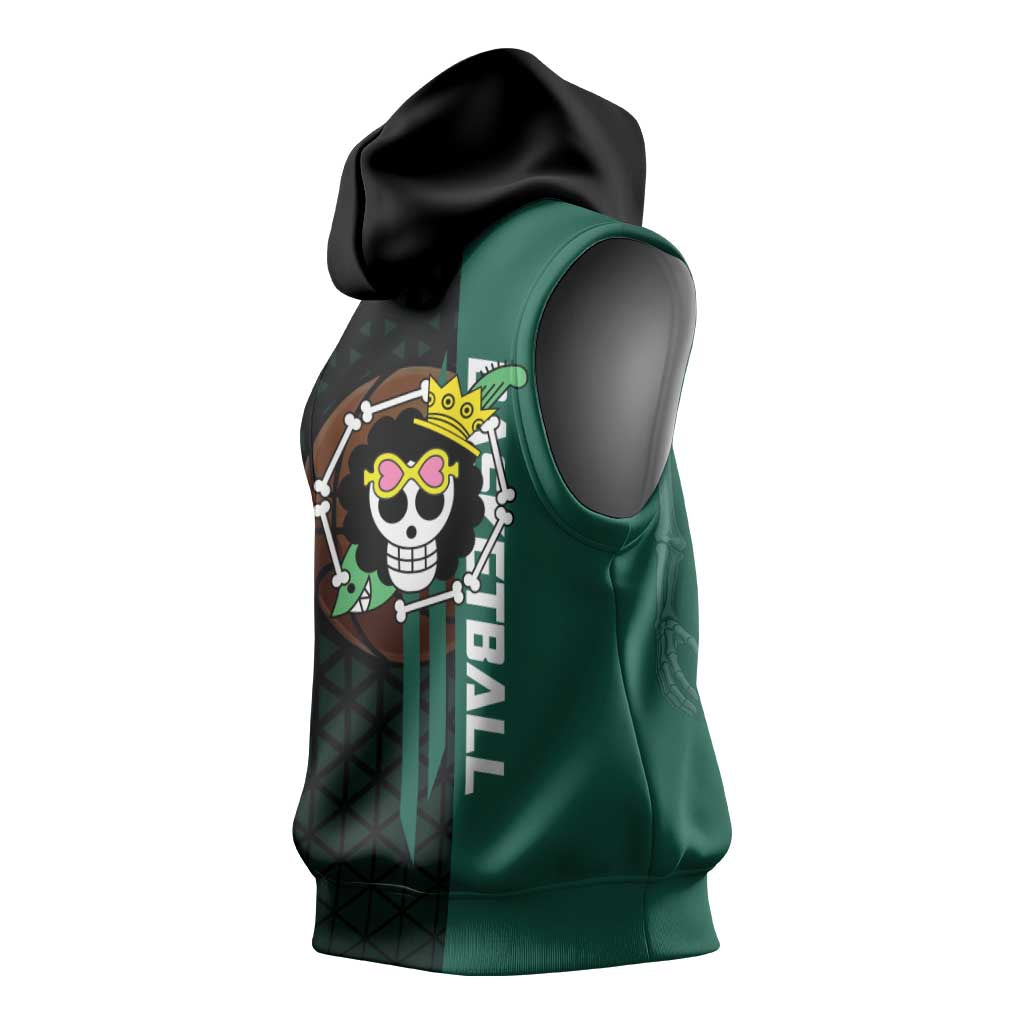 Brook One Piece Basketball Theme Green and Black Design Sleeveless Hoodie with Skull Emblem and Energetic Pose - The Mazicc