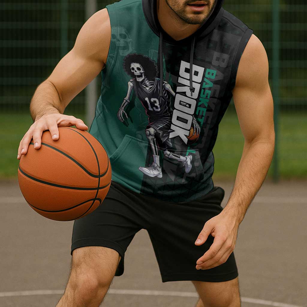 Brook One Piece Basketball Theme Green and Black Design Sleeveless Hoodie with Skull Emblem and Energetic Pose - The Mazicc
