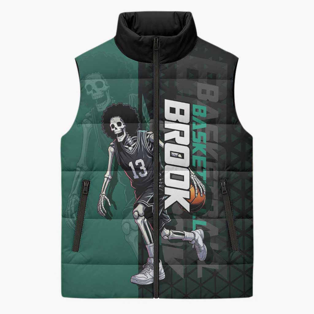 Brook One Piece Basketball Theme Green and Black Design Sleeveless Puffer Jacket with Skull Emblem and Energetic Pose - The Mazicc