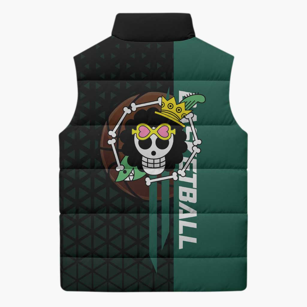 Brook One Piece Basketball Theme Green and Black Design Sleeveless Puffer Jacket with Skull Emblem and Energetic Pose - The Mazicc