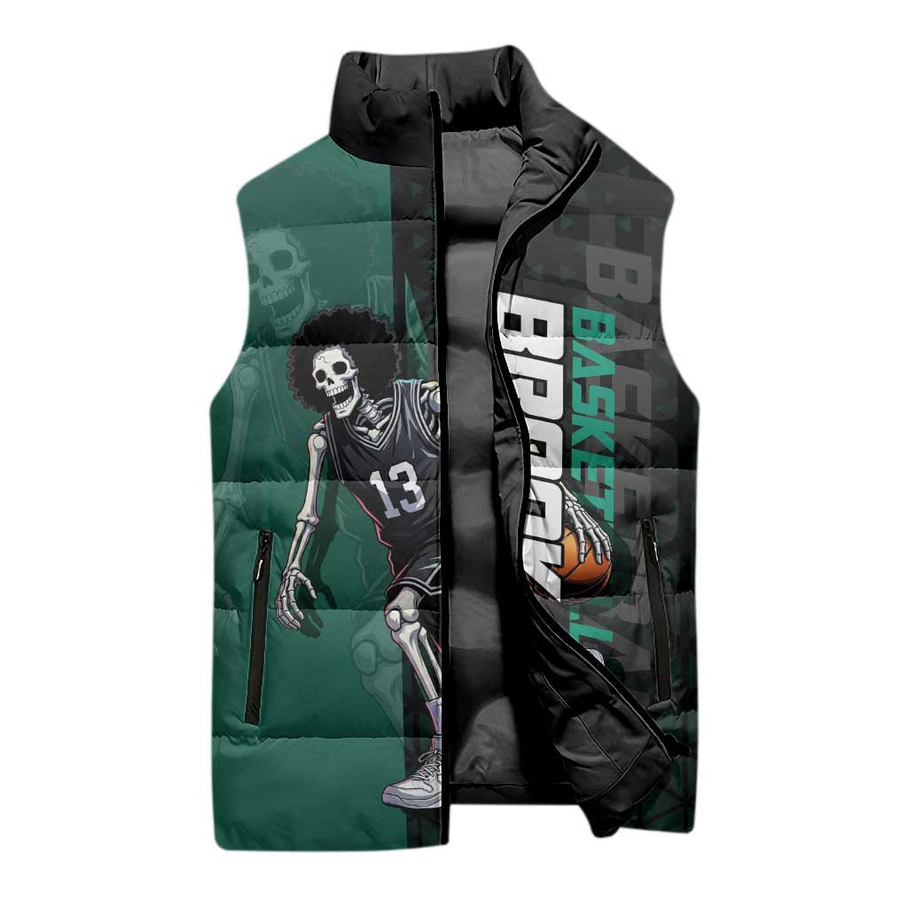 Brook One Piece Basketball Theme Green and Black Design Sleeveless Puffer Jacket with Skull Emblem and Energetic Pose - The Mazicc