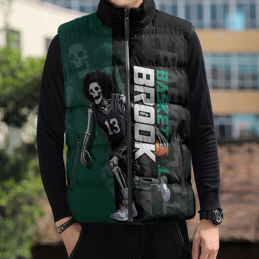 Brook One Piece Basketball Theme Green and Black Design Sleeveless Puffer Jacket with Skull Emblem and Energetic Pose - The Mazicc