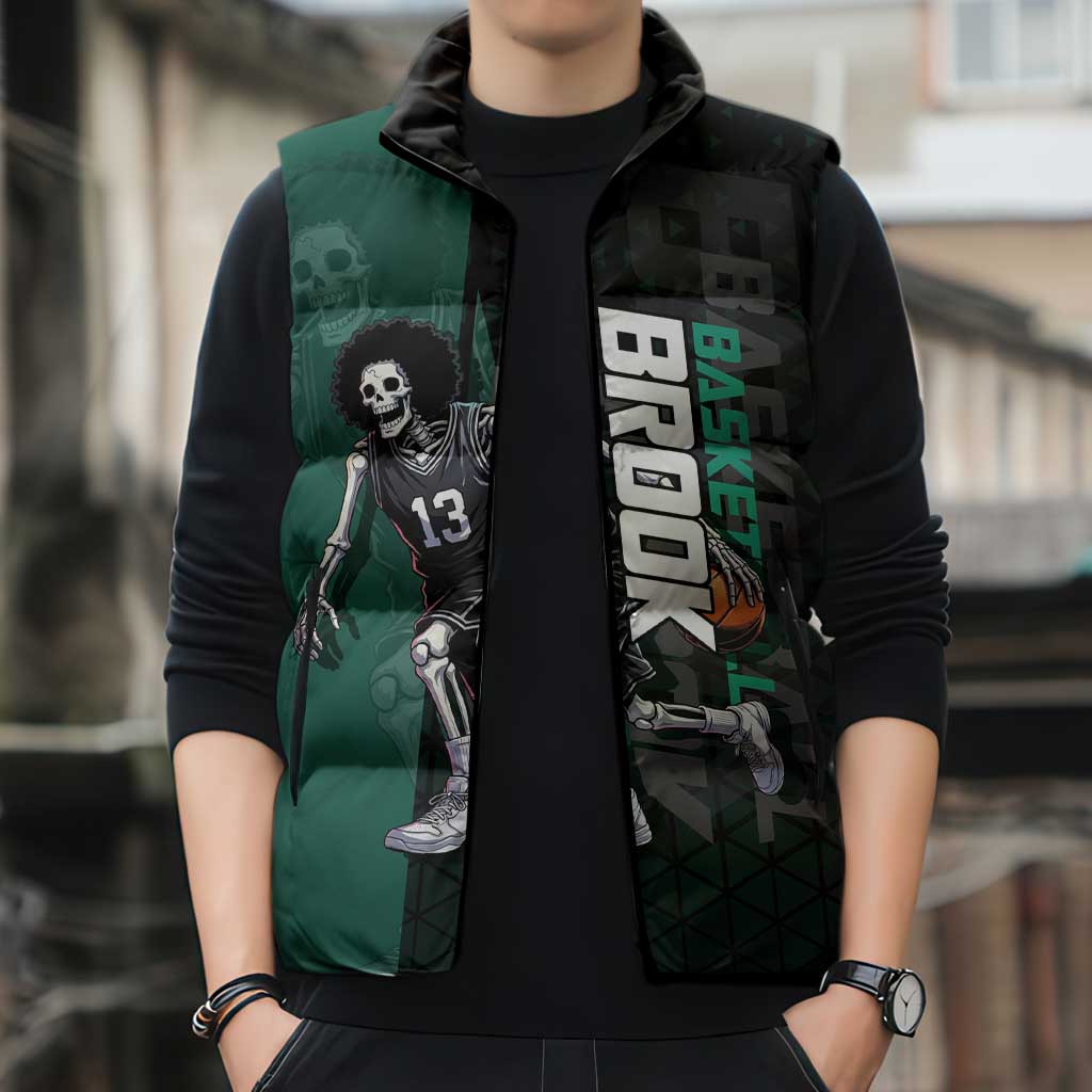 Brook One Piece Basketball Theme Green and Black Design Sleeveless Puffer Jacket with Skull Emblem and Energetic Pose - The Mazicc