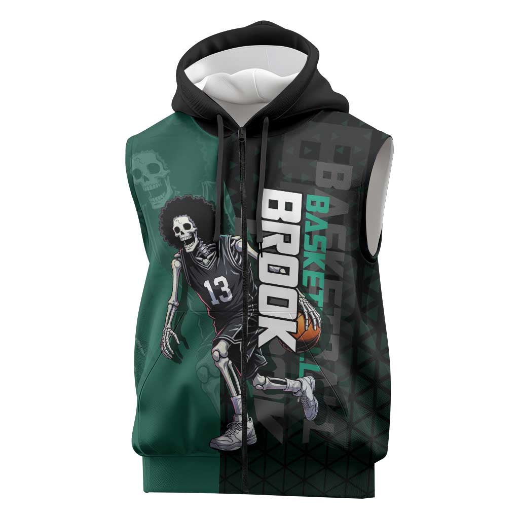 Brook One Piece Basketball Theme Green and Black Design Sleeveless Zip Hoodie with Skull Emblem and Energetic Pose - The Mazicc