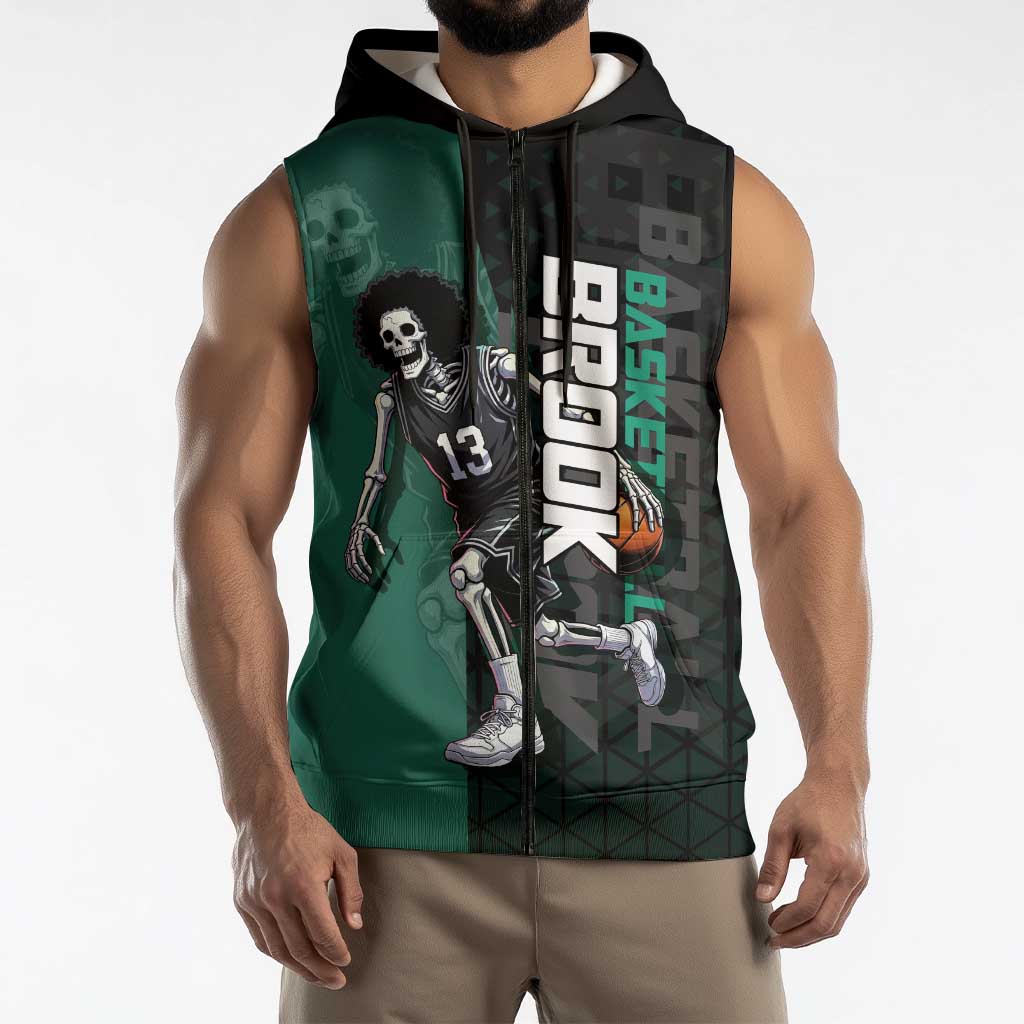 Brook One Piece Basketball Theme Green and Black Design Sleeveless Zip Hoodie with Skull Emblem and Energetic Pose - The Mazicc