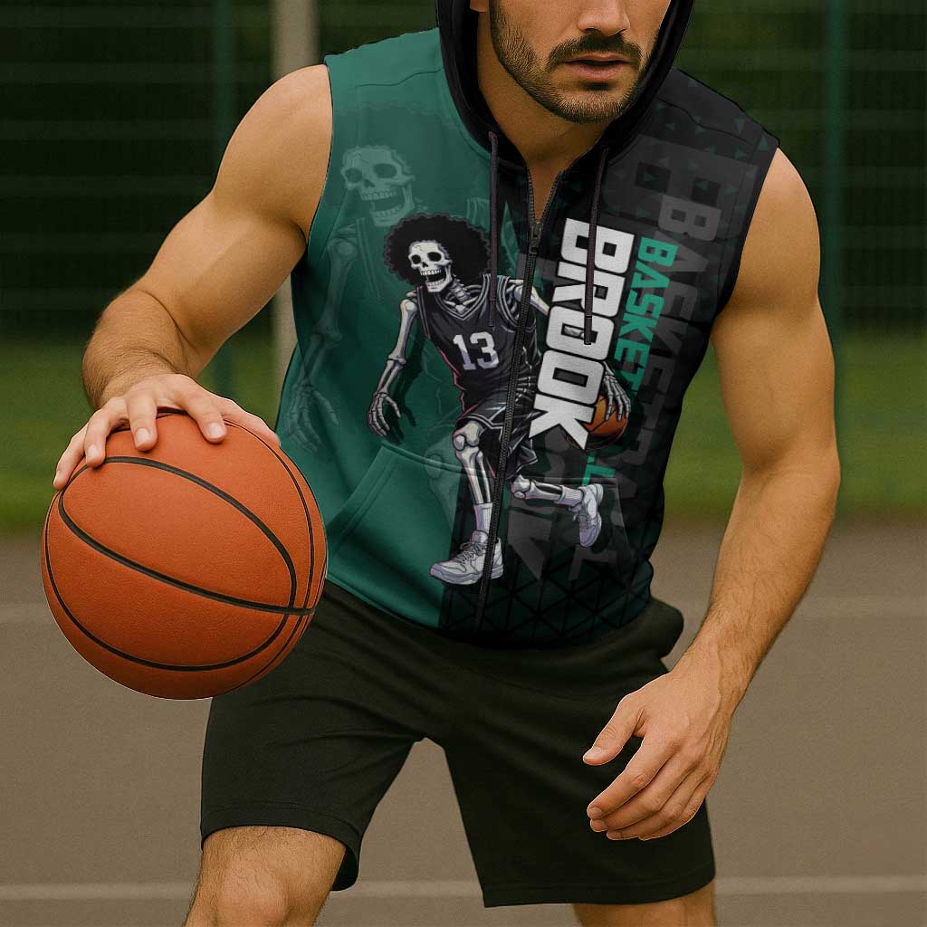 Brook One Piece Basketball Theme Green and Black Design Sleeveless Zip Hoodie with Skull Emblem and Energetic Pose - The Mazicc