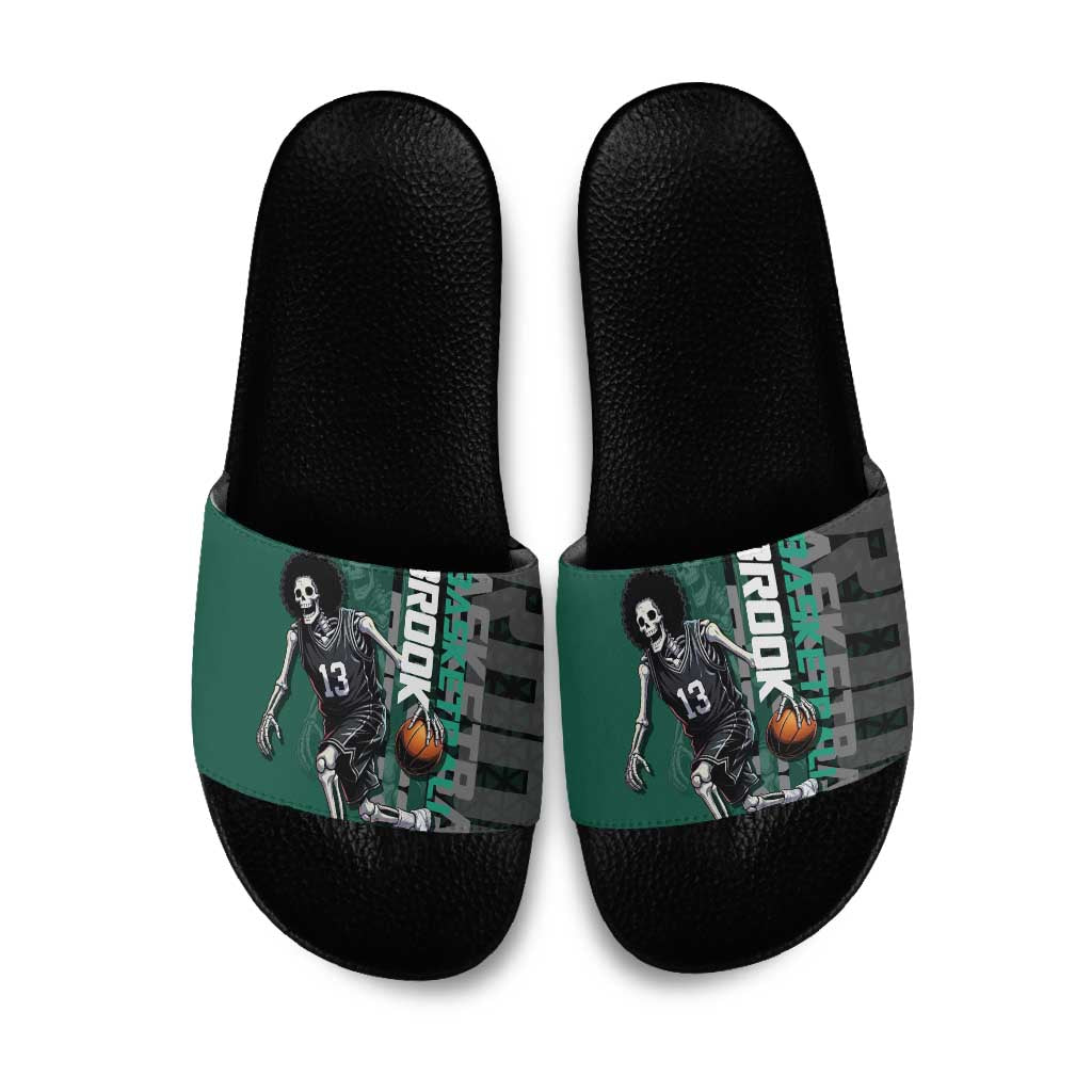 Brook One Piece Basketball Theme Green and Black Design Slide Sandals with Skull Emblem and Energetic Pose - The Mazicc