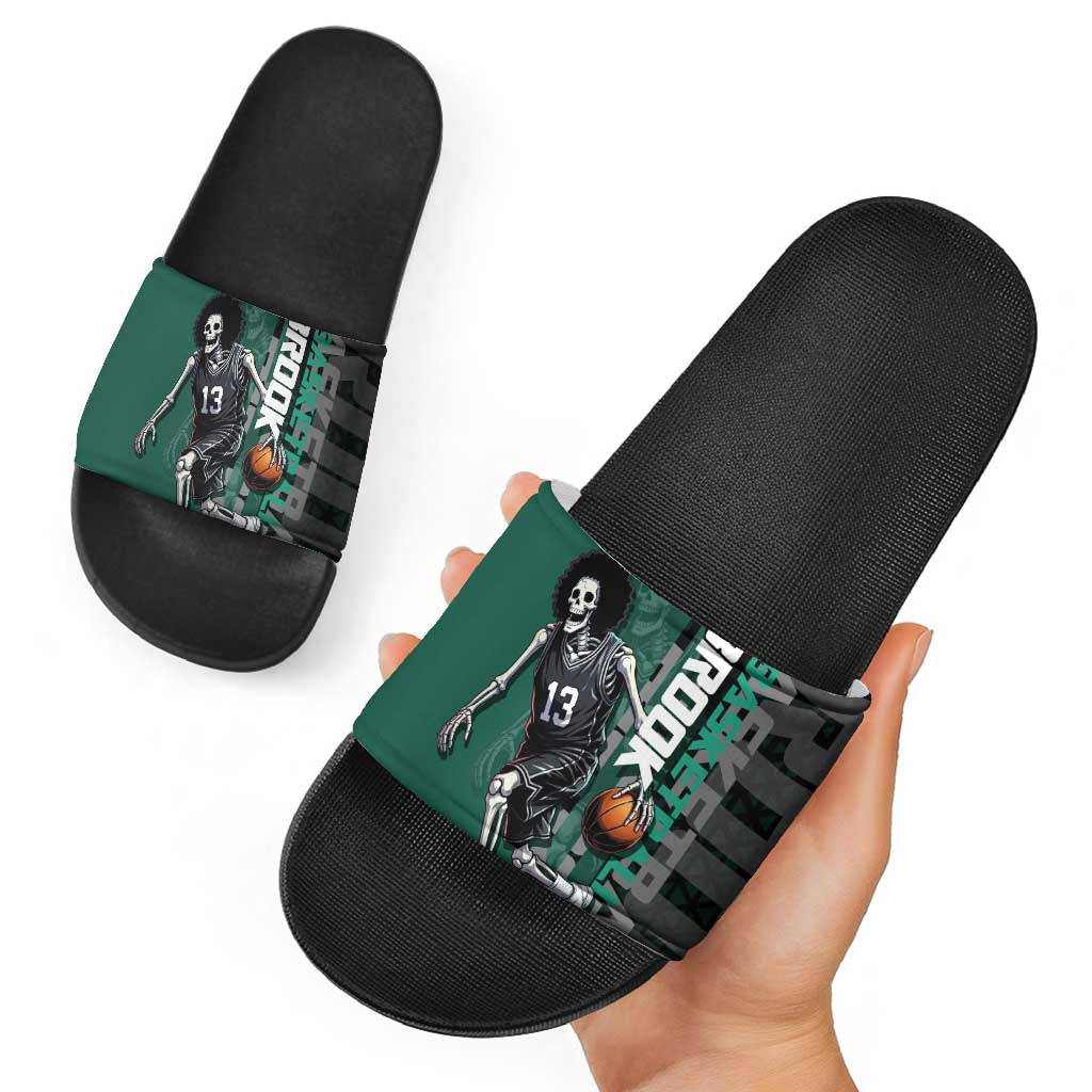 Brook One Piece Basketball Theme Green and Black Design Slide Sandals with Skull Emblem and Energetic Pose - The Mazicc