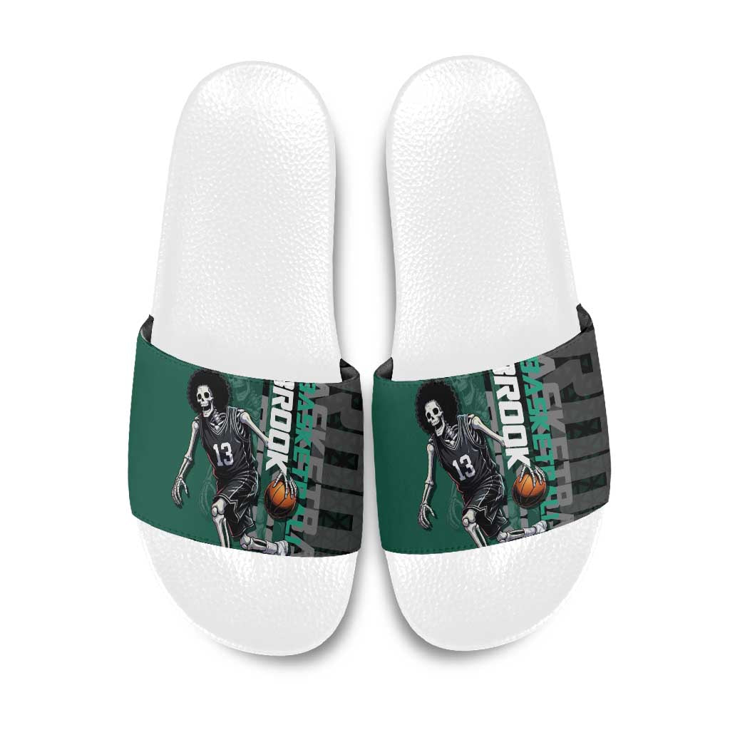 Brook One Piece Basketball Theme Green and Black Design Slide Sandals with Skull Emblem and Energetic Pose - The Mazicc