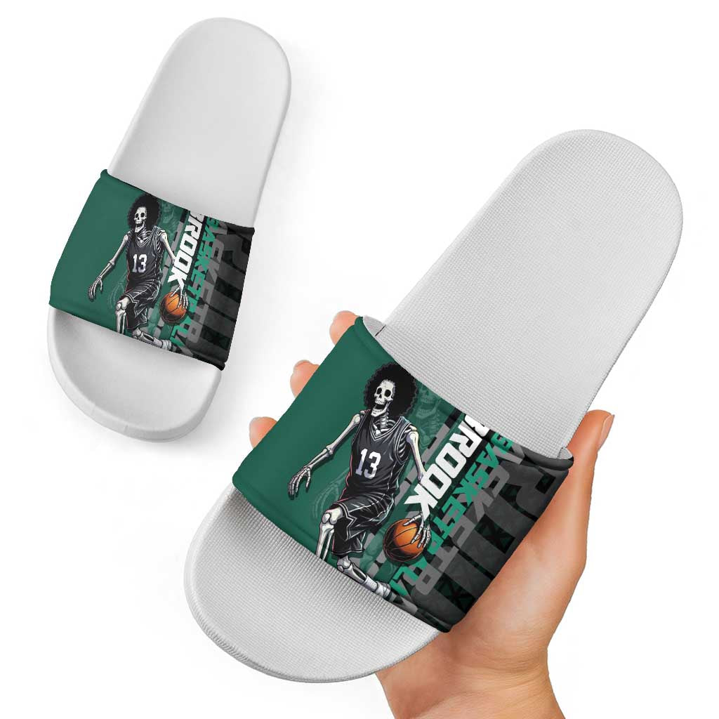 Brook One Piece Basketball Theme Green and Black Design Slide Sandals with Skull Emblem and Energetic Pose - The Mazicc