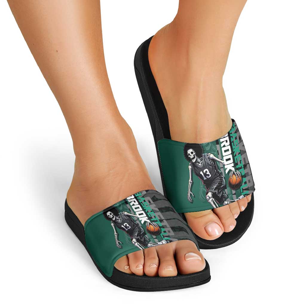 Brook One Piece Basketball Theme Green and Black Design Slide Sandals with Skull Emblem and Energetic Pose - The Mazicc