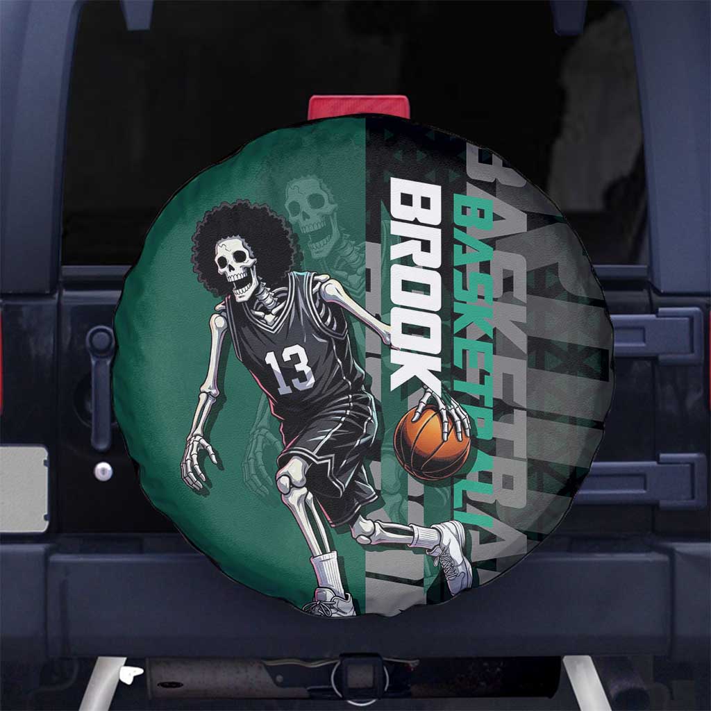 Brook One Piece Basketball Theme Green and Black Design Spare Tire Cover with Skull Emblem and Energetic Pose - The Mazicc