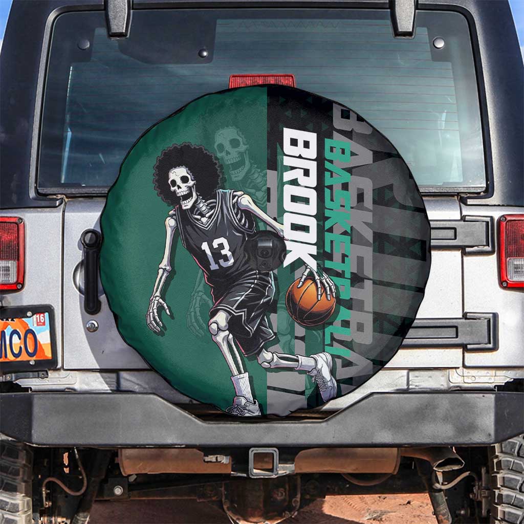 Brook One Piece Basketball Theme Green and Black Design Spare Tire Cover with Skull Emblem and Energetic Pose - The Mazicc