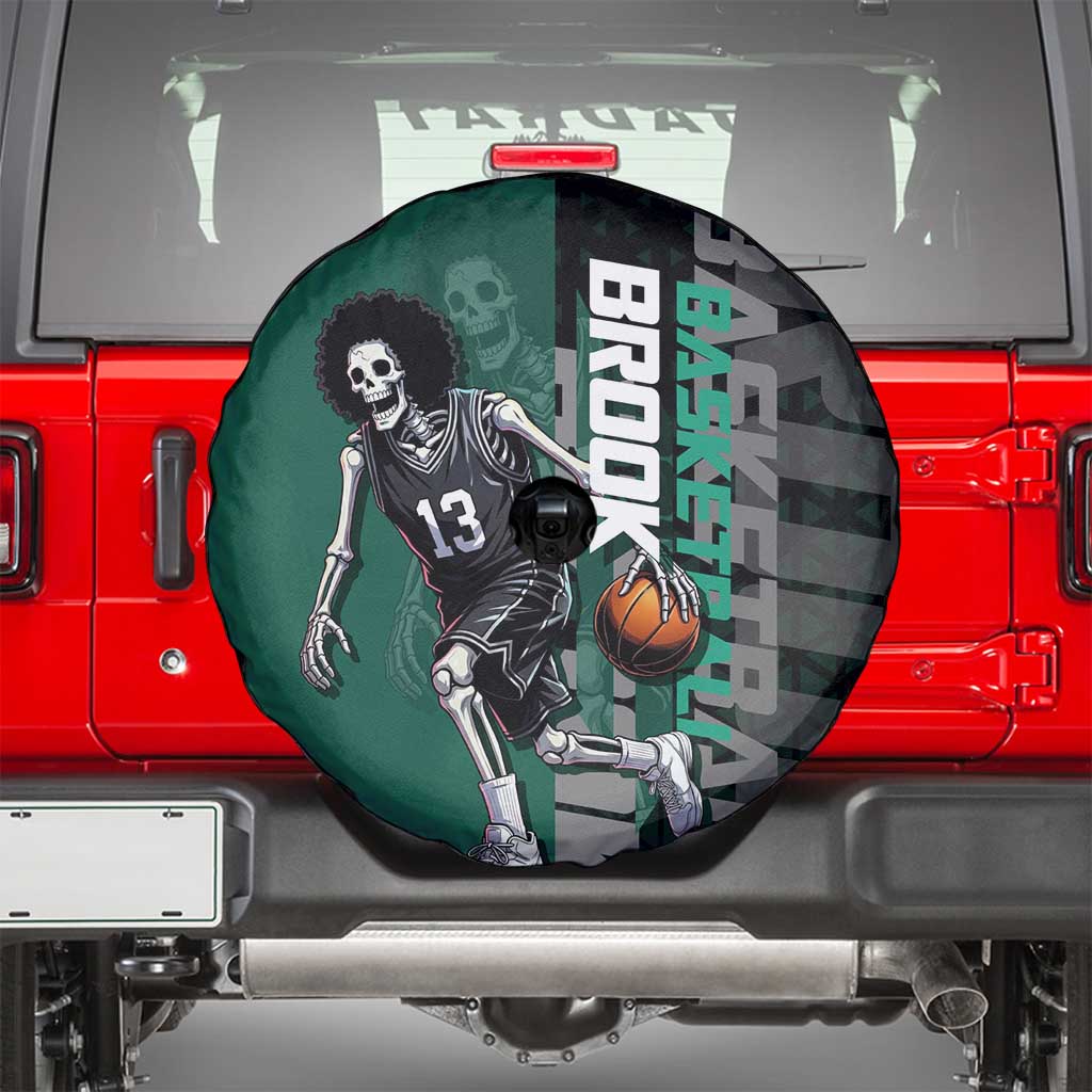 Brook One Piece Basketball Theme Green and Black Design Spare Tire Cover with Skull Emblem and Energetic Pose - The Mazicc