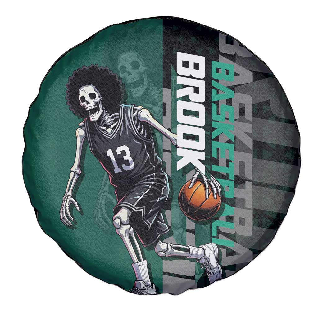 Brook One Piece Basketball Theme Green and Black Design Spare Tire Cover with Skull Emblem and Energetic Pose - The Mazicc