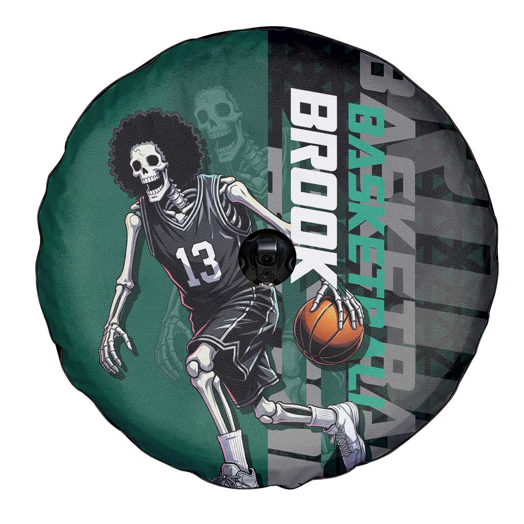 Brook One Piece Basketball Theme Green and Black Design Spare Tire Cover with Skull Emblem and Energetic Pose - The Mazicc