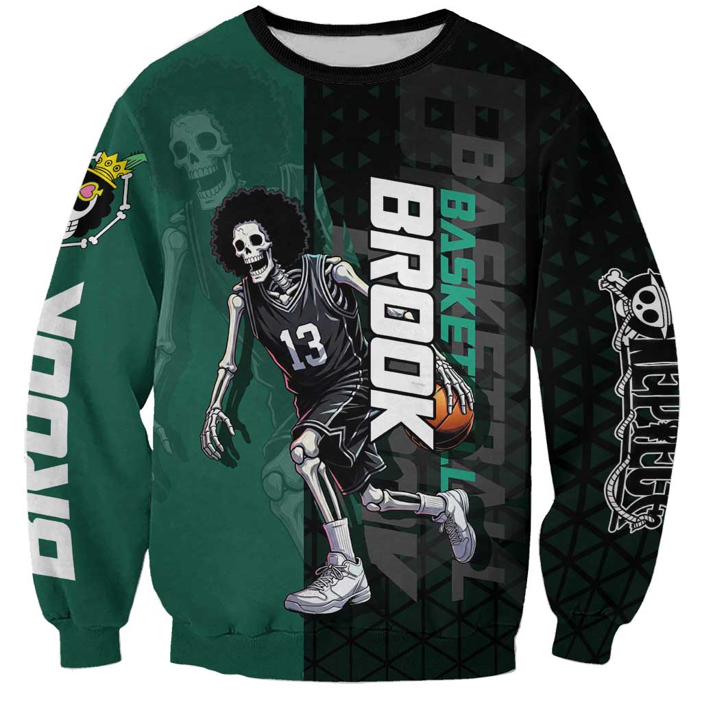 Brook One Piece Basketball Theme Green and Black Design Sweatshirt with Skull Emblem and Energetic Pose - The Mazicc