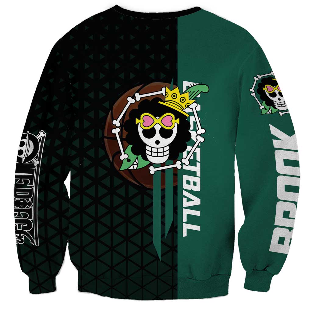 Brook One Piece Basketball Theme Green and Black Design Sweatshirt with Skull Emblem and Energetic Pose - The Mazicc