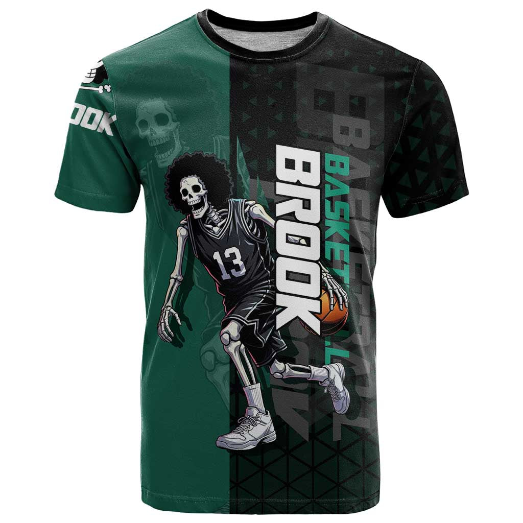 Brook One Piece Basketball Theme Green and Black Design T Shirt with Skull Emblem and Energetic Pose - The Mazicc