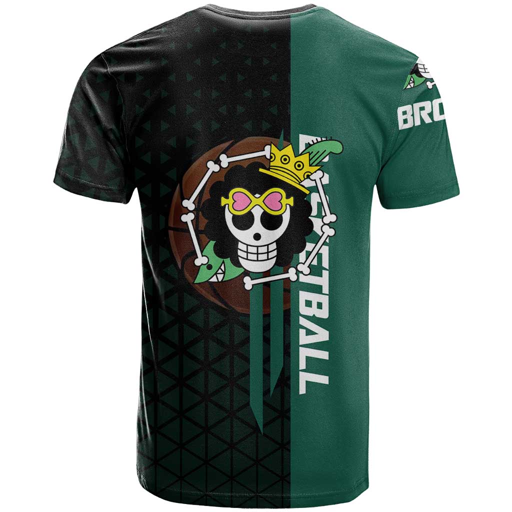 Brook One Piece Basketball Theme Green and Black Design T Shirt with Skull Emblem and Energetic Pose - The Mazicc