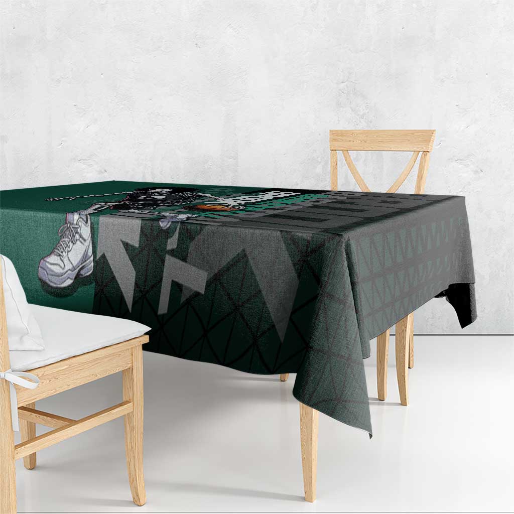 Brook One Piece Basketball Theme Green and Black Design Tablecloth with Skull Emblem and Energetic Pose - The Mazicc