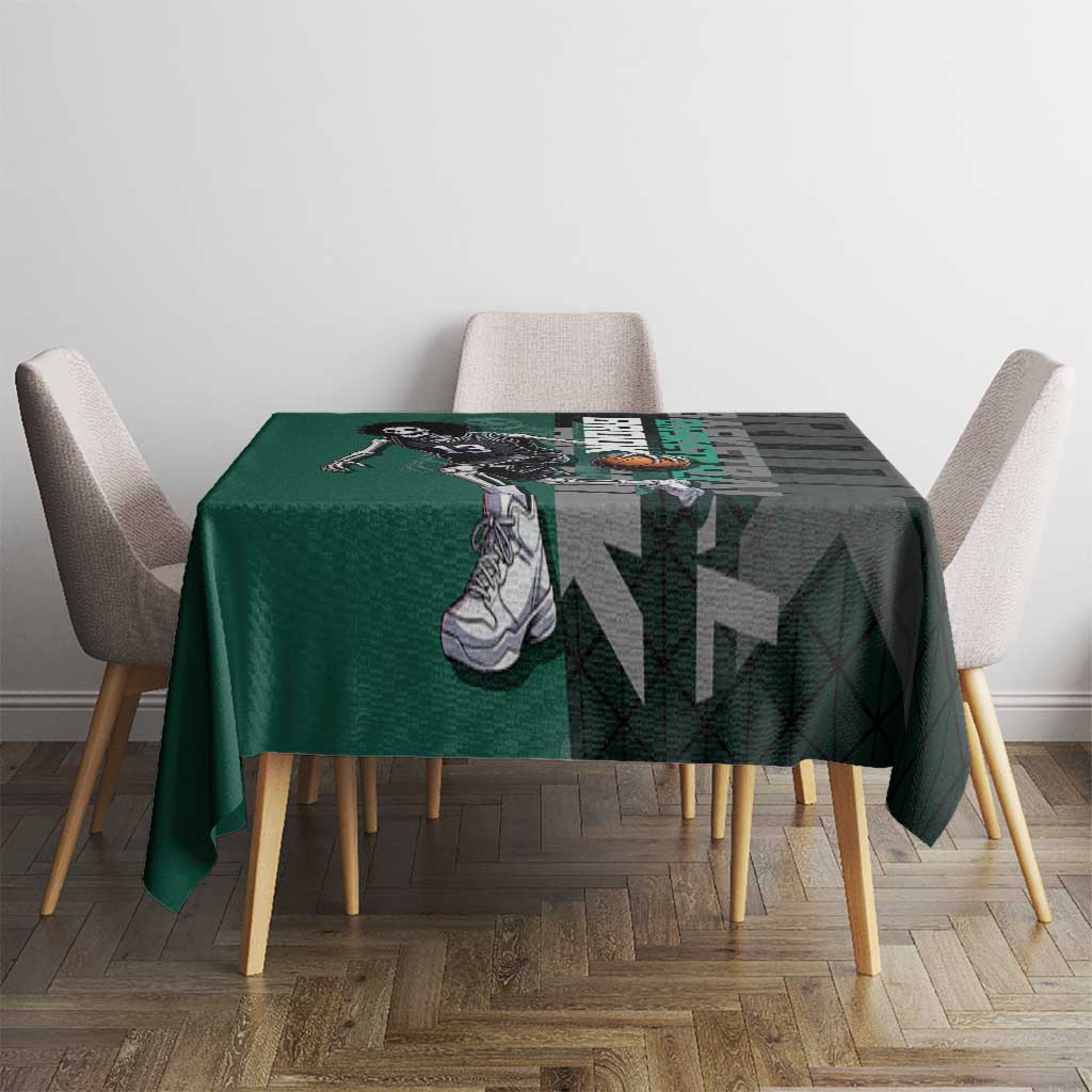 Brook One Piece Basketball Theme Green and Black Design Tablecloth with Skull Emblem and Energetic Pose - The Mazicc