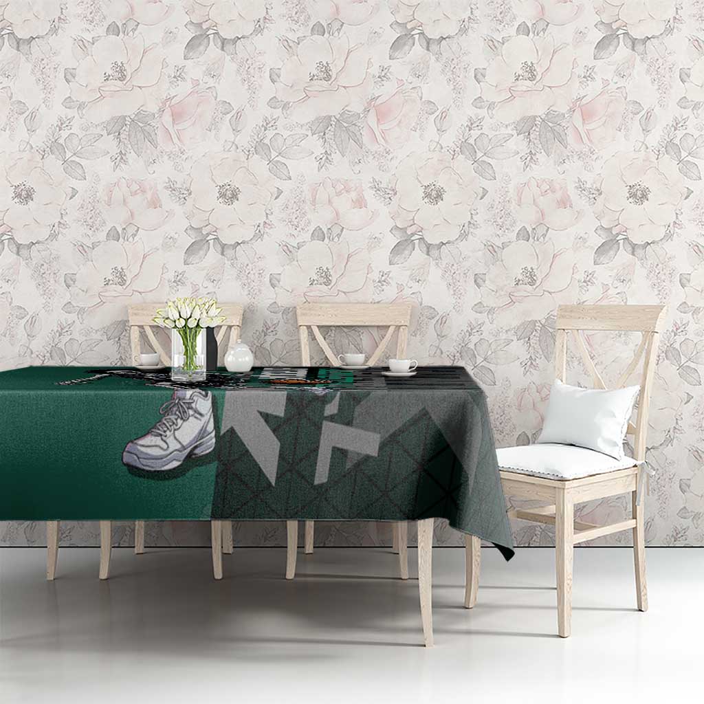 Brook One Piece Basketball Theme Green and Black Design Tablecloth with Skull Emblem and Energetic Pose - The Mazicc
