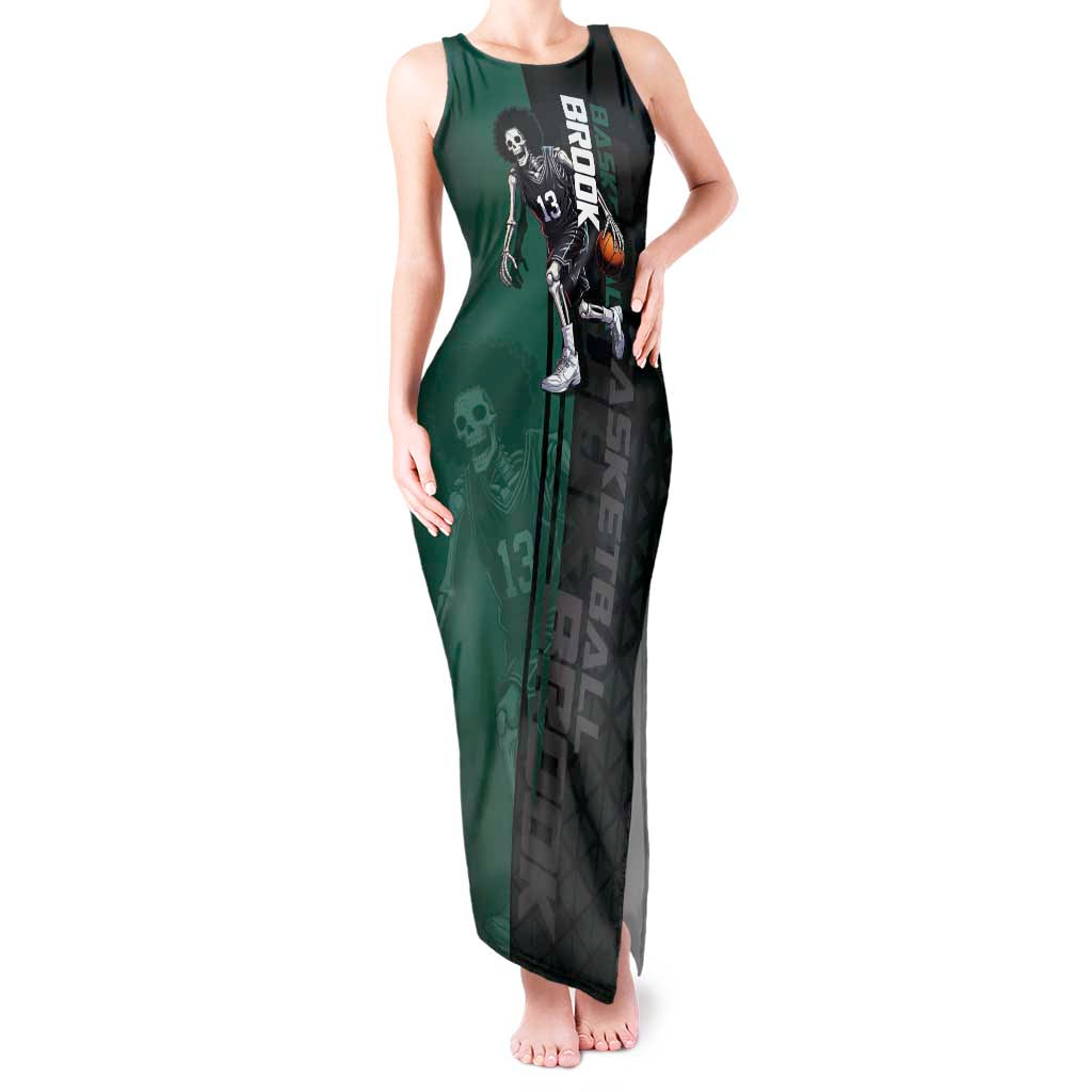 Brook One Piece Basketball Theme Green and Black Design Tank Maxi Dress with Skull Emblem and Energetic Pose - The Mazicc